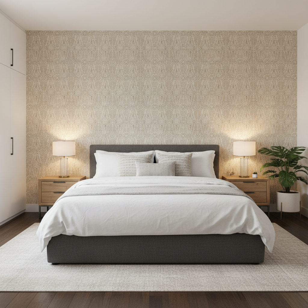 Drayton Print - Buff Taupe By Lee Jofa | Clare Prints |Global Geometric Multipurpose Print - Bedroom Room Setting
