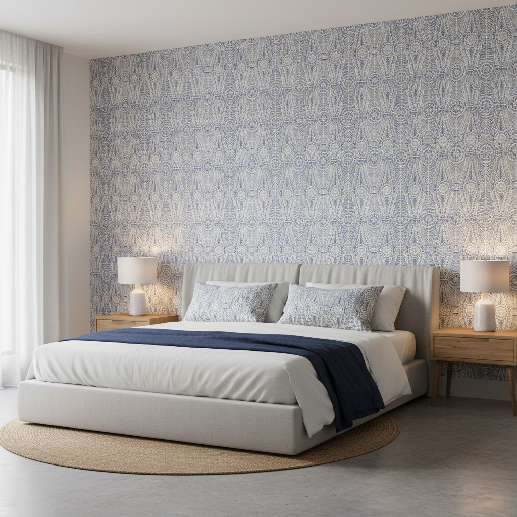 Drayton Print - Indigo Blue By Lee Jofa | Clare Prints |Global Geometric Multipurpose Print - Bedroom Room Setting