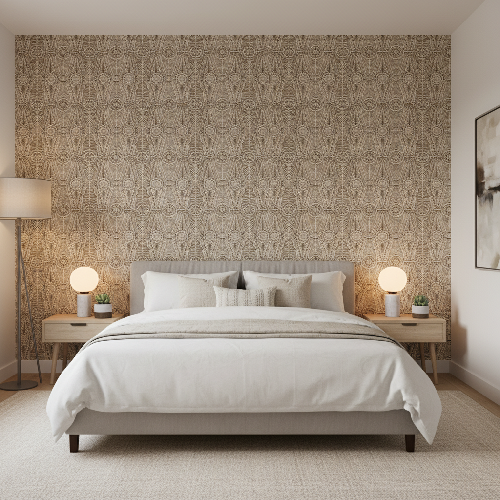 Drayton Print - Java Brown By Lee Jofa | Clare Prints |Global Geometric Multipurpose Print - Bedroom Room Setting