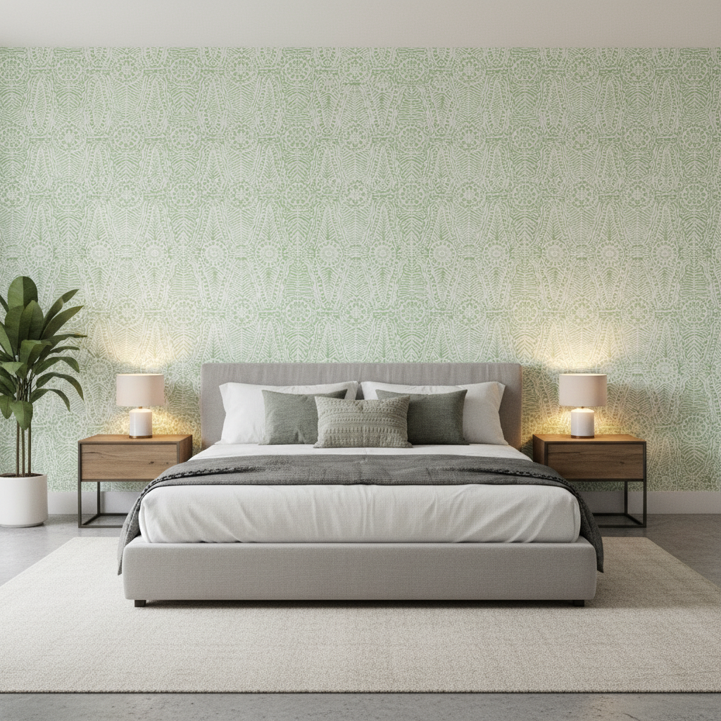Drayton Print - Moss Green By Lee Jofa | Avondale |Global Geometric Multipurpose Print - Bedroom Room Setting