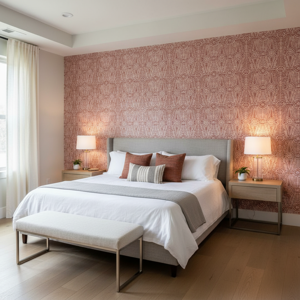 Drayton Print - Rust Red By Lee Jofa | Clare Prints |Global Geometric Multipurpose Print - Bedroom Room Setting