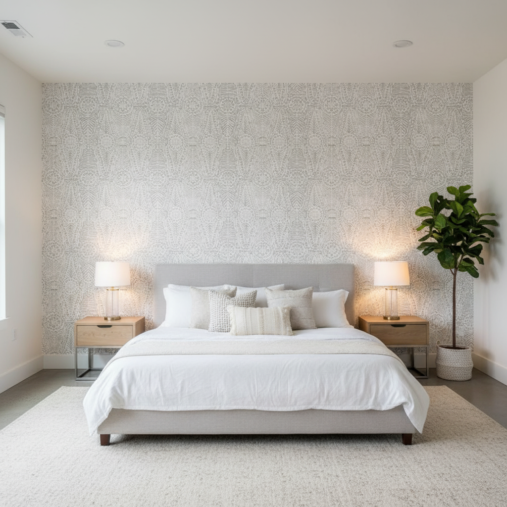 Drayton Print - Smoke Grey By Lee Jofa | Avondale |Global Geometric Multipurpose Print - Bedroom Room Setting