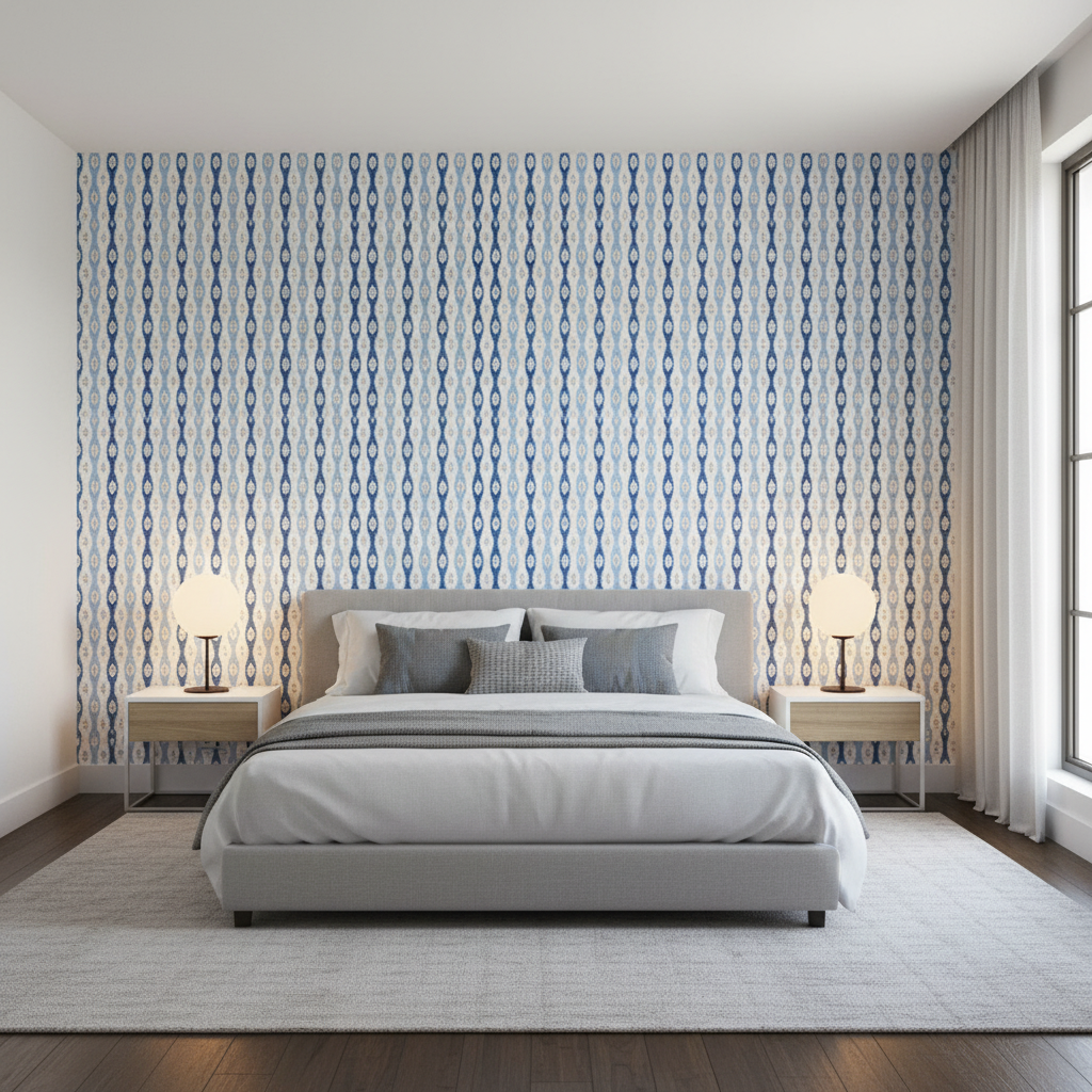 Elba Print - Capri Blue By Lee Jofa | Avondale |Global Stripes Multipurpose Print - Bedroom Room Setting