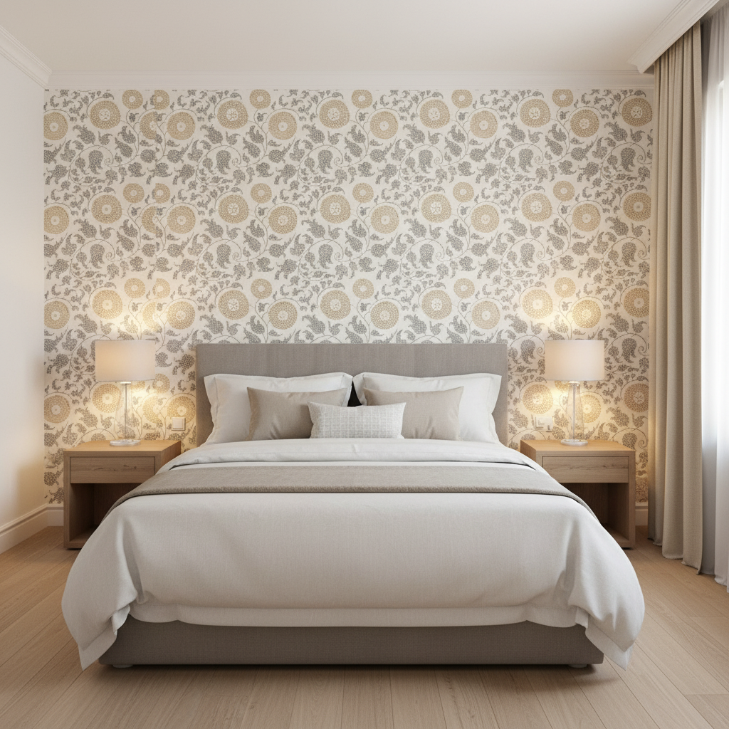 Eldora Print - Flax Beige By Lee Jofa | Breckenridge |Botanical & Floral Global Multipurpose Print - Bedroom Room Setting