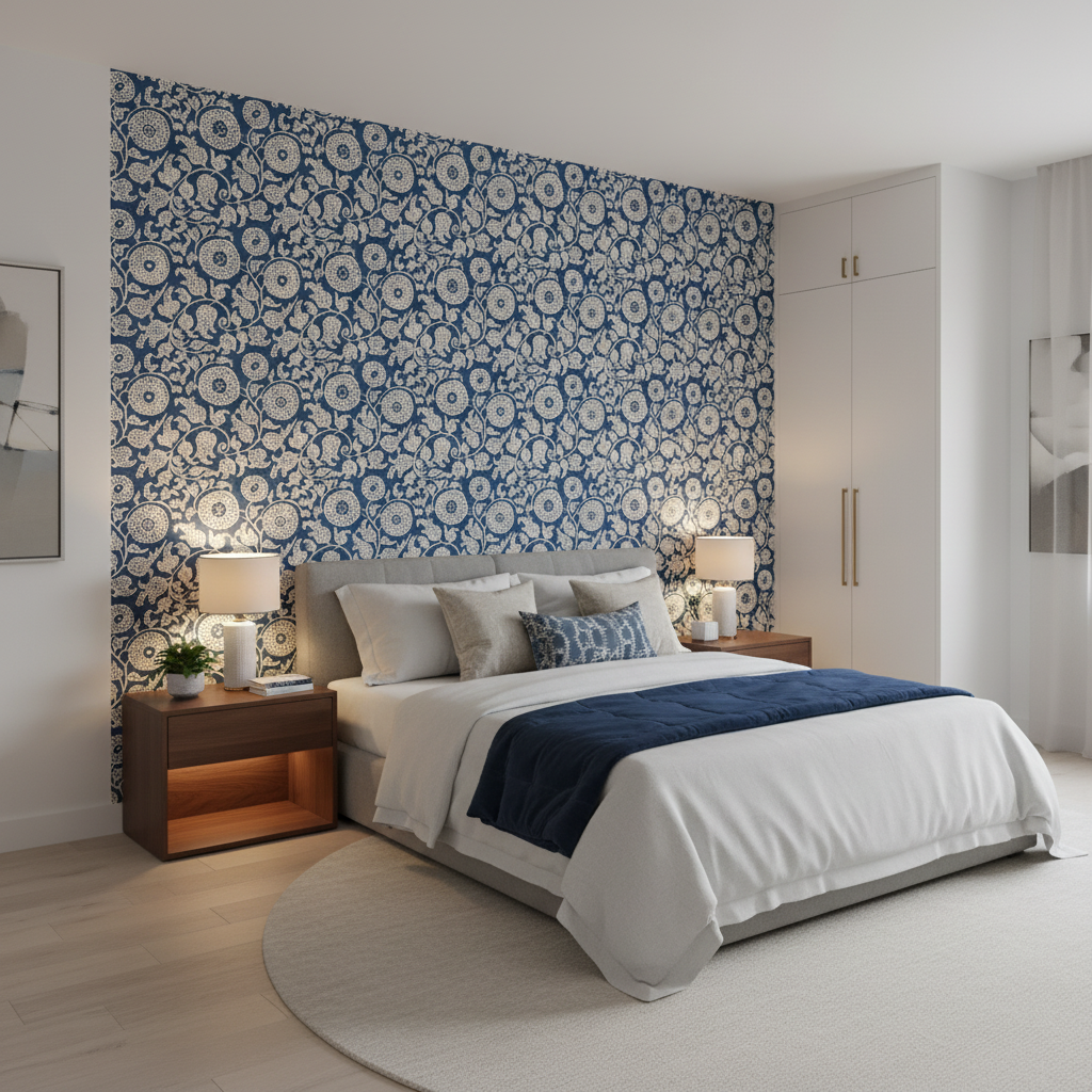 Eldora Print - Indigo Dark Blue By Lee Jofa | Breckenridge |Botanical & Floral Global Multipurpose Print - Bedroom Room Setting