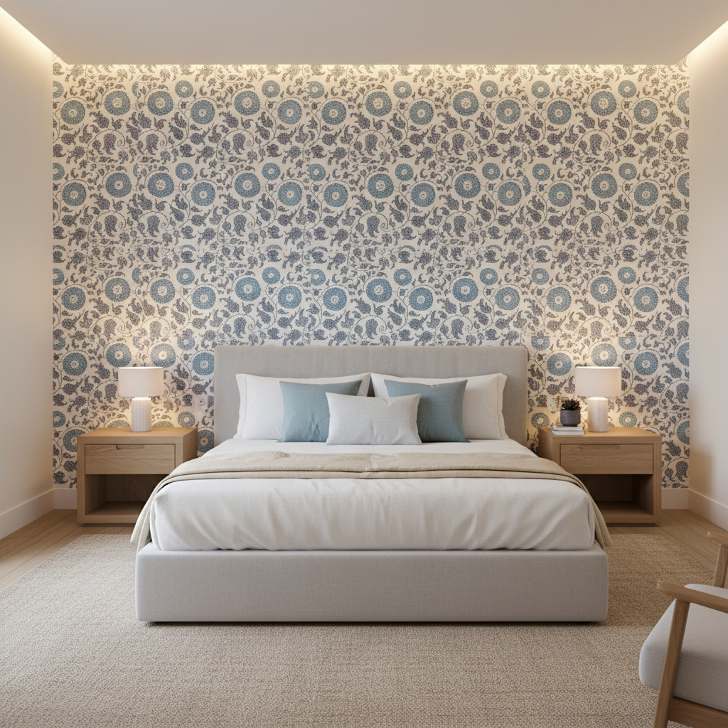 Eldora Print - Slate Blue By Lee Jofa | Breckenridge |Botanical & Floral Global Multipurpose Print - Bedroom Room Setting