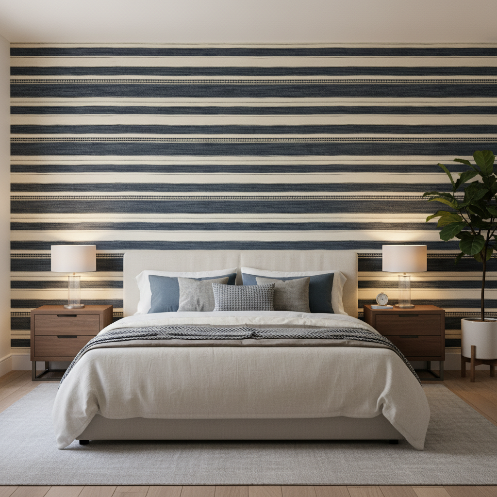 Entoto Stripe - Blue/Indigo Blue By Lee Jofa | Merkato |Global Stripes Upholstery - Bedroom Room Setting