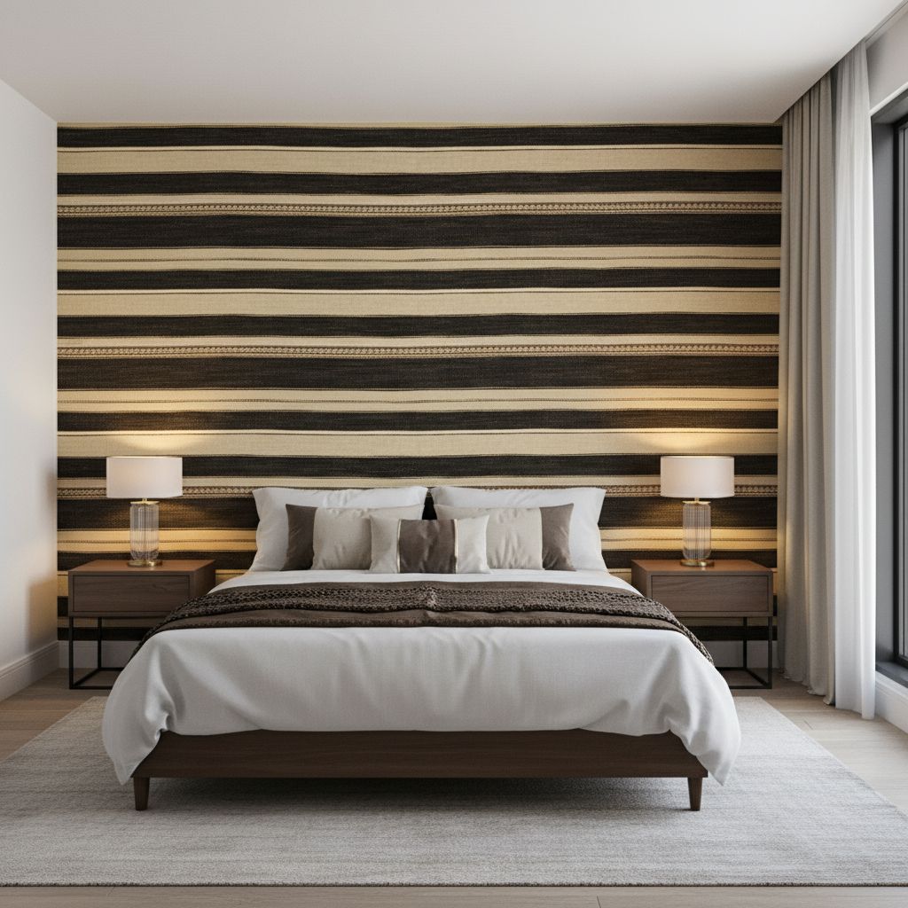 Entoto Stripe - Ebony/Cocoa Black By Lee Jofa | Merkato |Global Stripes Upholstery - Bedroom Room Setting
