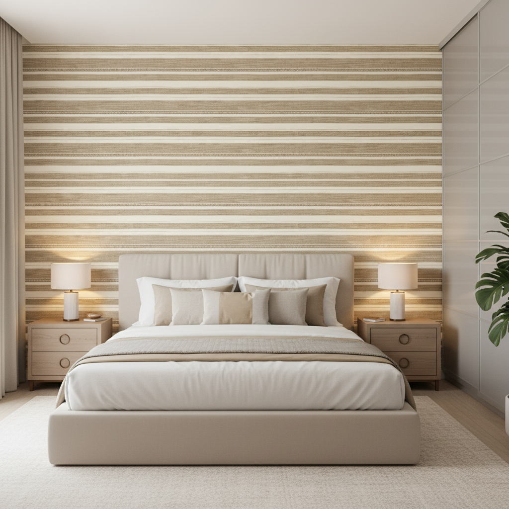 Entoto Stripe - Ivory/Flax Beige By Lee Jofa | Breckenridge |Global Stripes Upholstery - Bedroom Room Setting