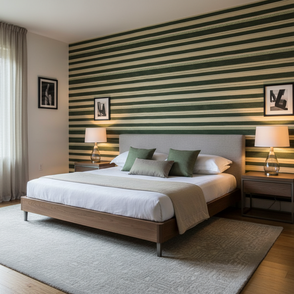 Entoto Stripe - Juniper/Leaf Green By Lee Jofa | Merkato |Global Stripes Upholstery - Bedroom Room Setting