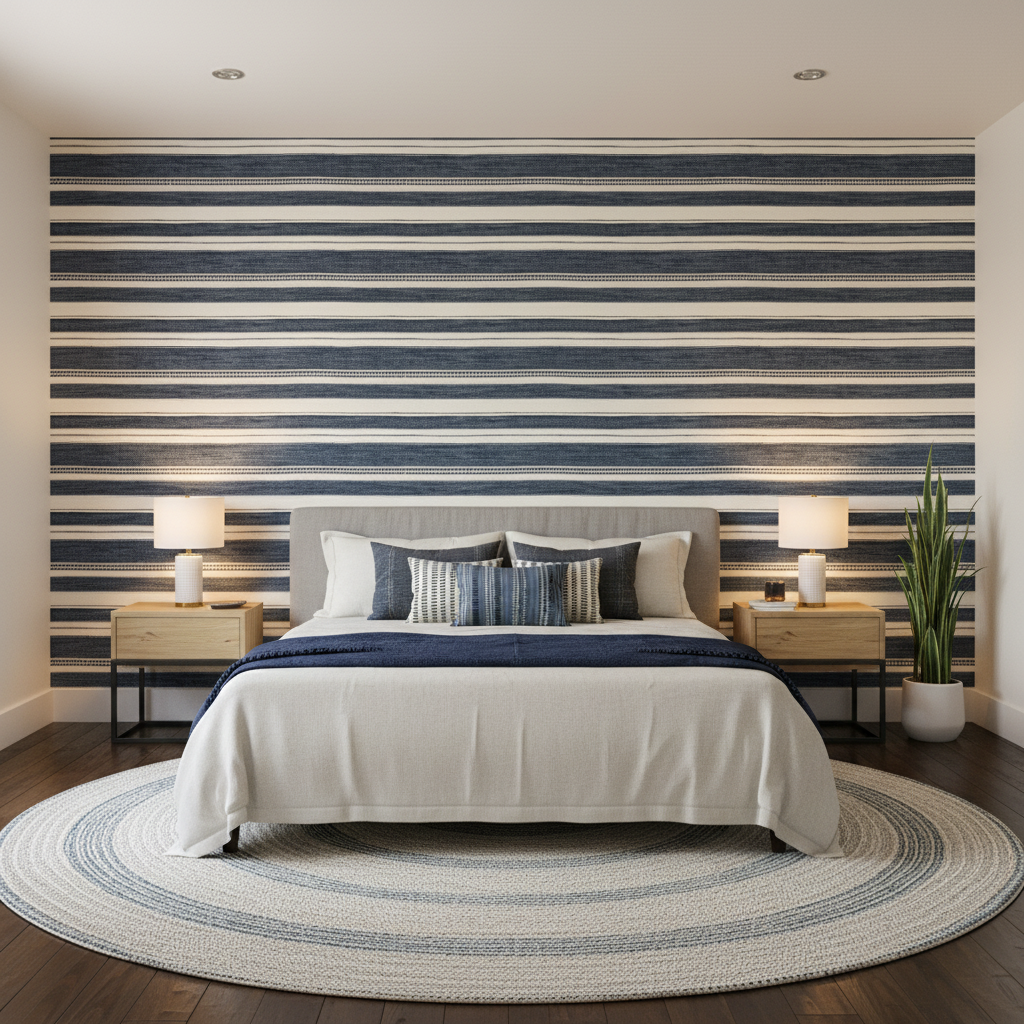 Entoto Stripe - Marine/Ivory Blue By Lee Jofa | Breckenridge |Global Stripes Upholstery - Bedroom Room Setting