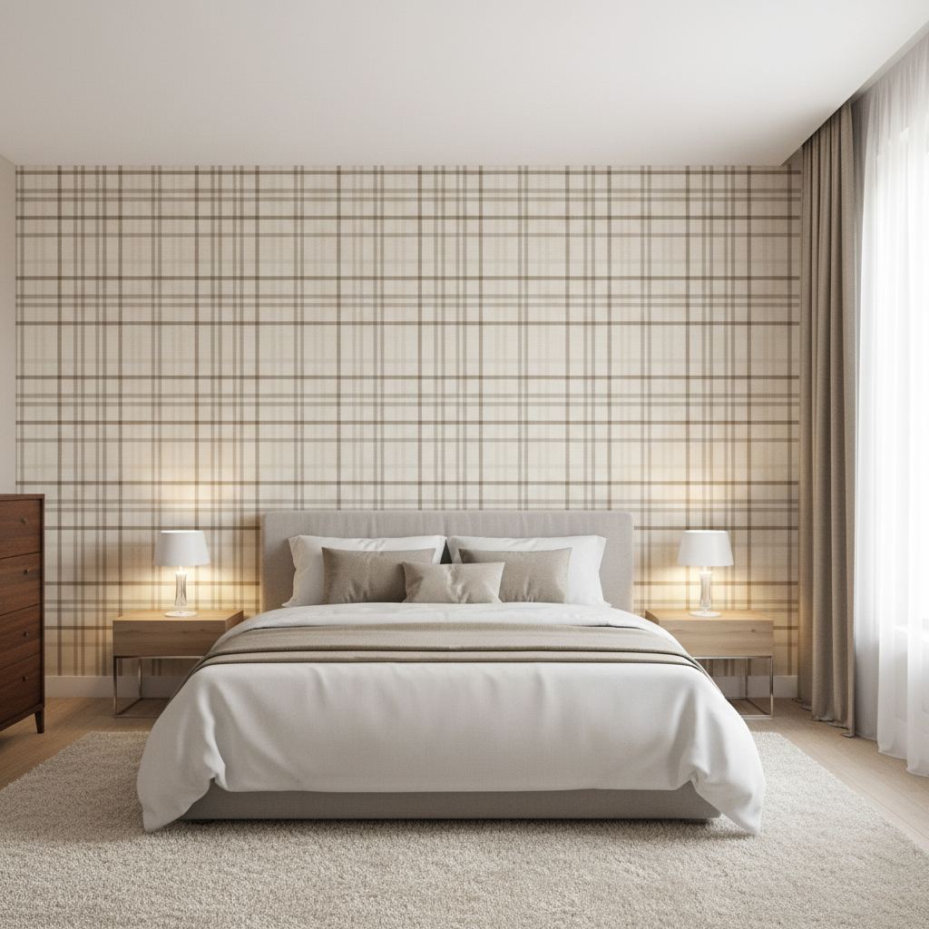 Fannin Plaid - Stone/Mink Grey By Lee Jofa | Lodge Ii Weaves And Embroideries |Plaid / Check  Upholstery Chenille - Bedroom Room Setting