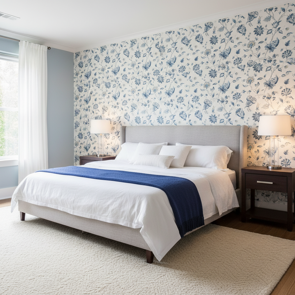 Hollin Print - Indigo Blue By Lee Jofa | Manor House |Botanical & Floral Jacobeans Multipurpose Print - Bedroom Room Setting