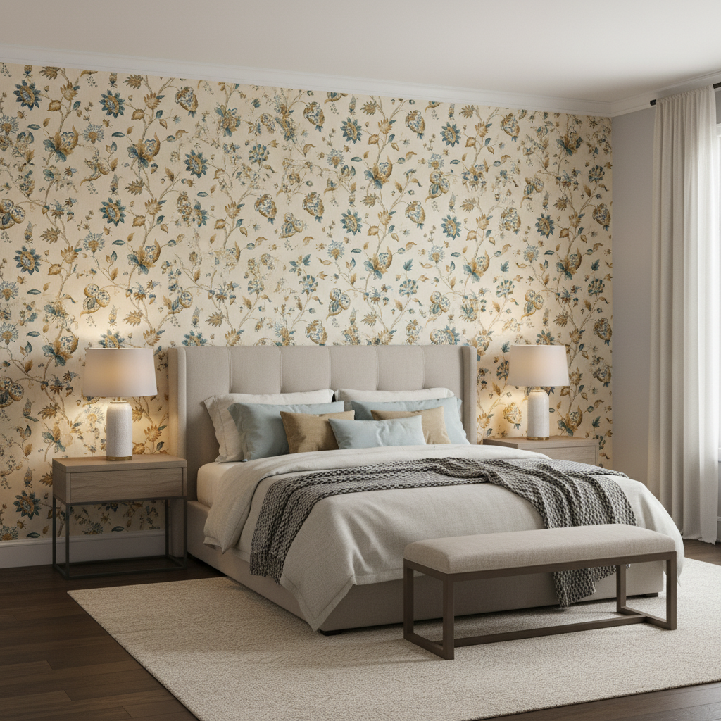 Hollin Print - Peacock Multi By Lee Jofa | Manor House |Botanical & Floral Jacobeans Multipurpose Print - Bedroom Room Setting
