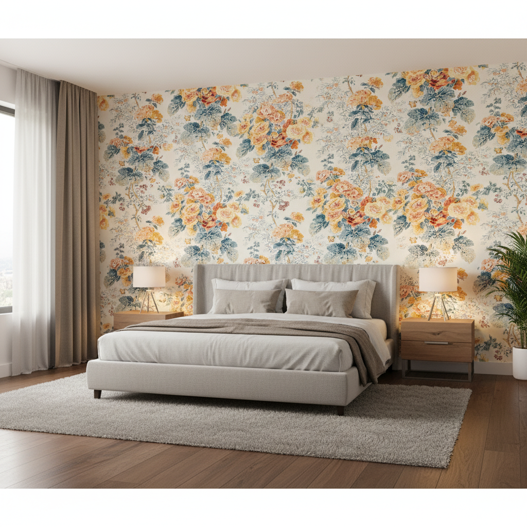 Hollyhock Hdb - Apricot/Lake Multi By Lee Jofa |  | Botanical & Floral Multipurpose Print - Bedroom Room Setting