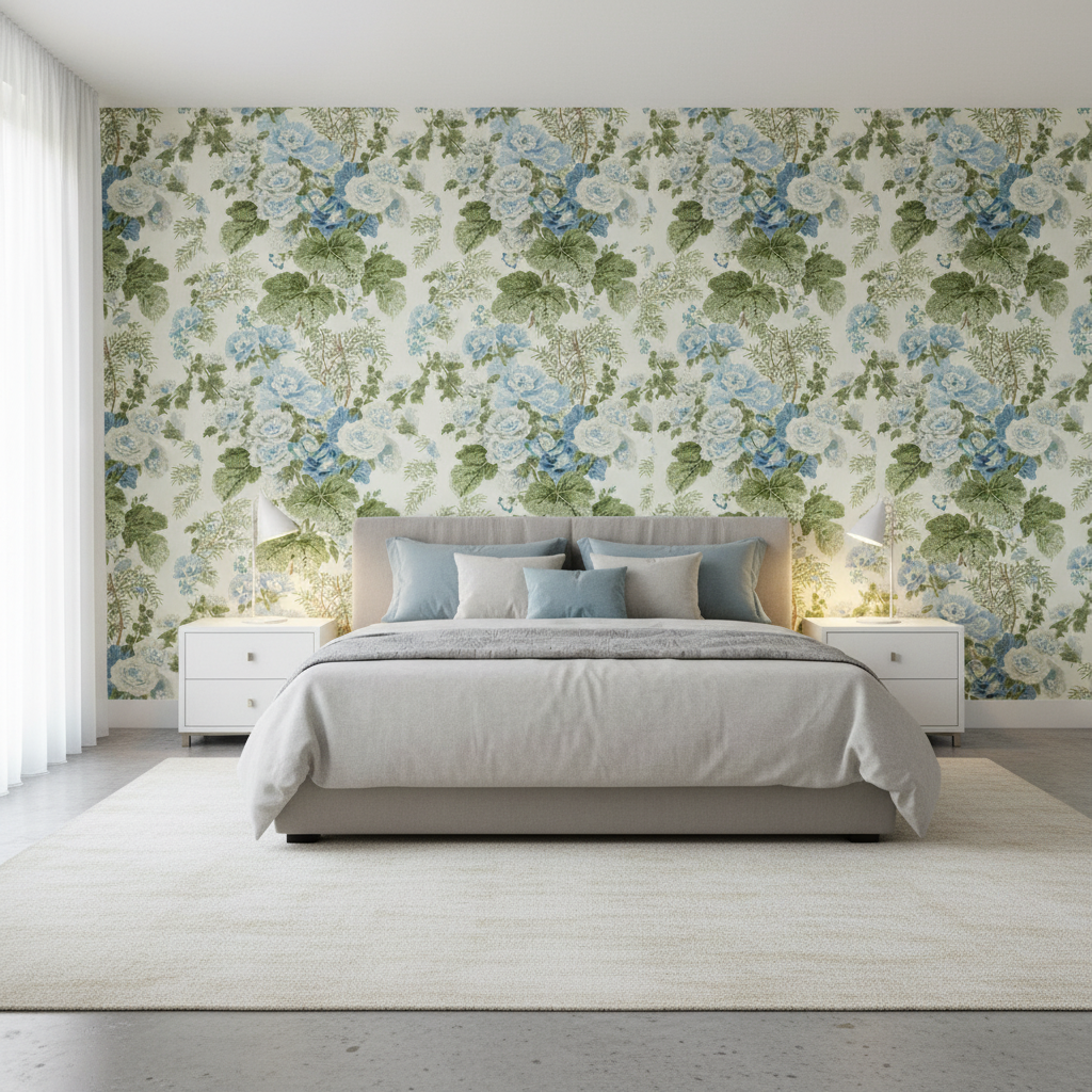 Hollyhock Hdb - Blue/Leaf Light Blue By Lee Jofa | Lee Jofa 200 | Botanical & Floral Multipurpose Print - Bedroom Room Setting