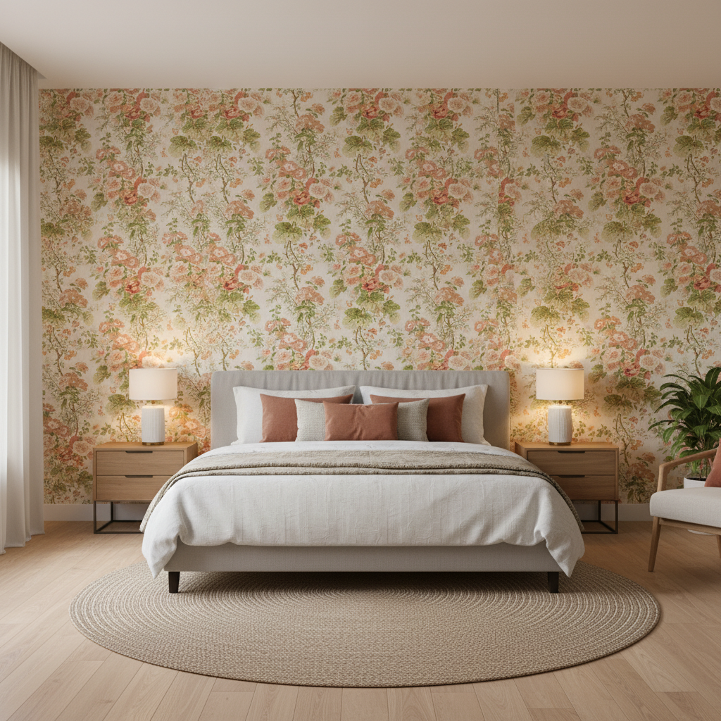 Hollyhock Hdb - Coral/Apple Beige By Lee Jofa |  | Botanical & Floral Multipurpose Print - Bedroom Room Setting