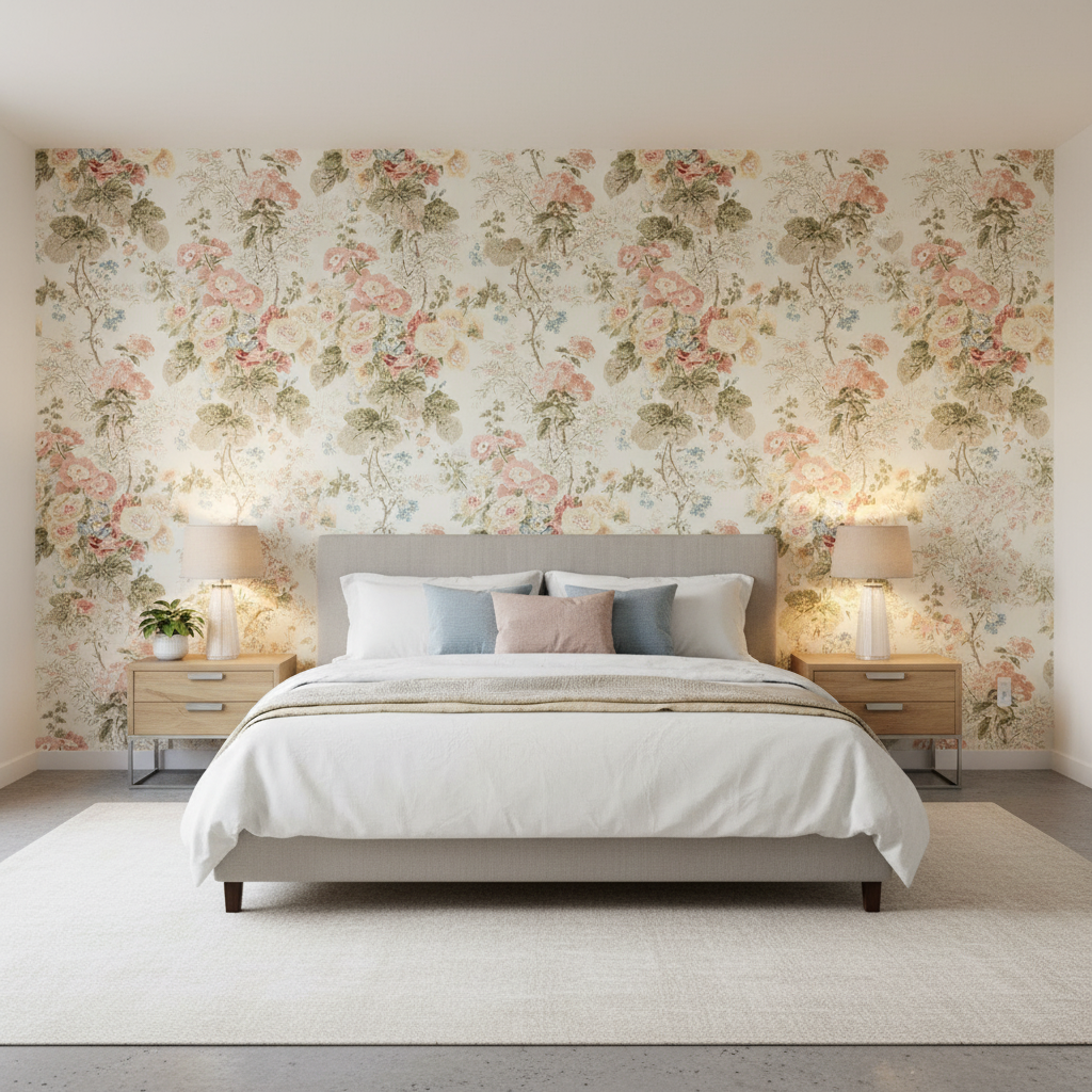 Hollyhock Hdb - Coral/Olive Multi By Lee Jofa |  | Botanical & Floral Multipurpose Print - Bedroom Room Setting