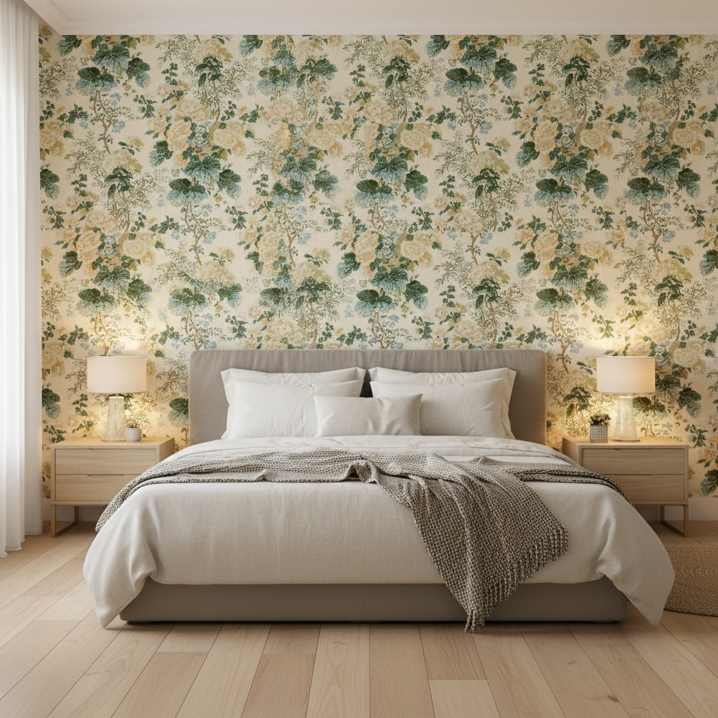 Hollyhock Hdb - Lemon/Aqua Beige By Lee Jofa |  | Botanical & Floral Multipurpose Print - Bedroom Room Setting