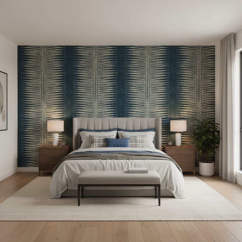 Indian Zag - Indigo Blue By Lee Jofa | Suzanne Rheinstein *Hollyhock Ii | Global Multipurpose Print - Bedroom Room Setting