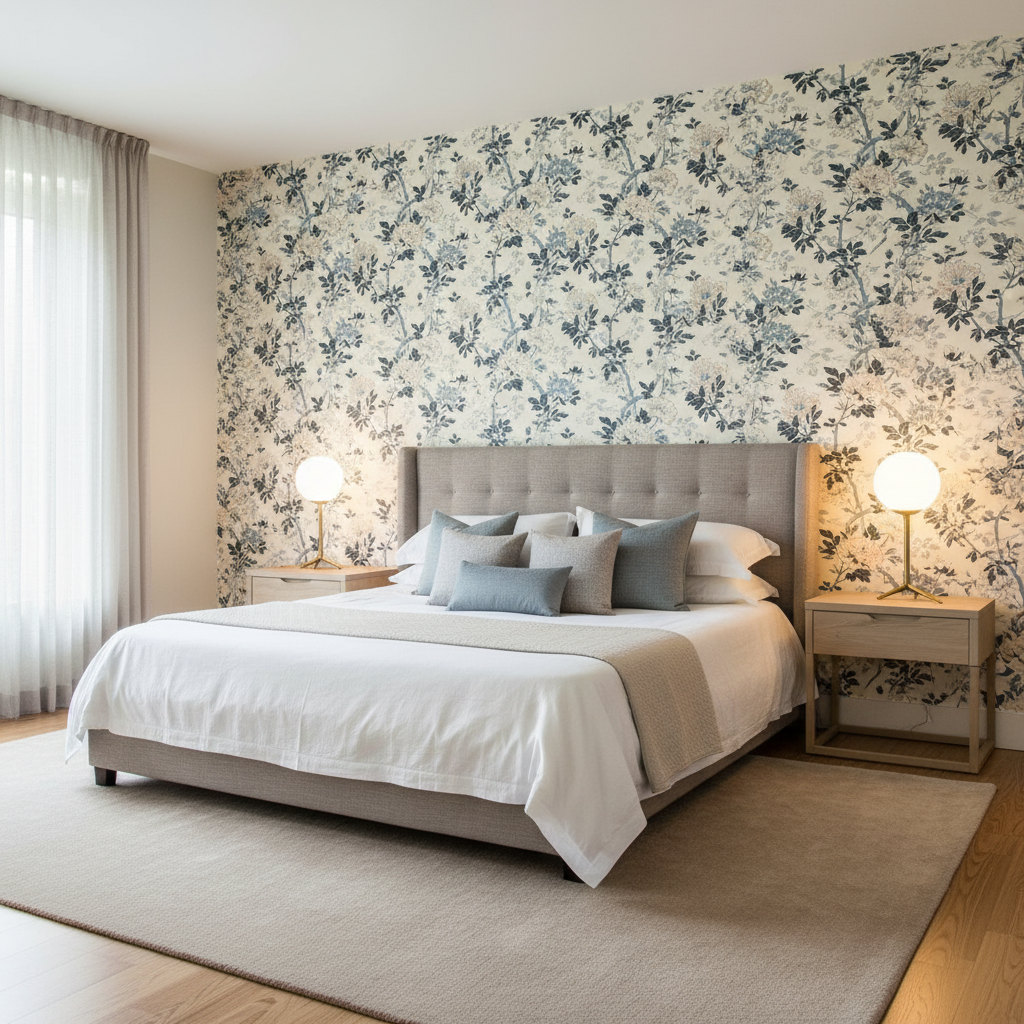 Inisfree - Denim Blue By Lee Jofa | Carrier And Company |Botanical & Floral  Multipurpose Print - Bedroom Room Setting