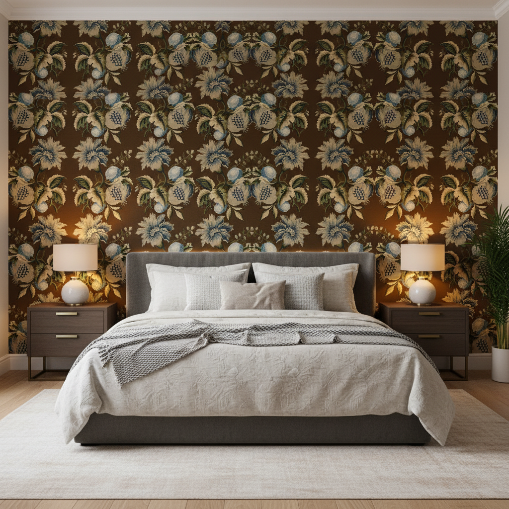 Jessup - Sepia/Indigo Brown By Lee Jofa | Oscar De La Renta Ii |Botanical & Floral  Multipurpose Print - Bedroom Room Setting