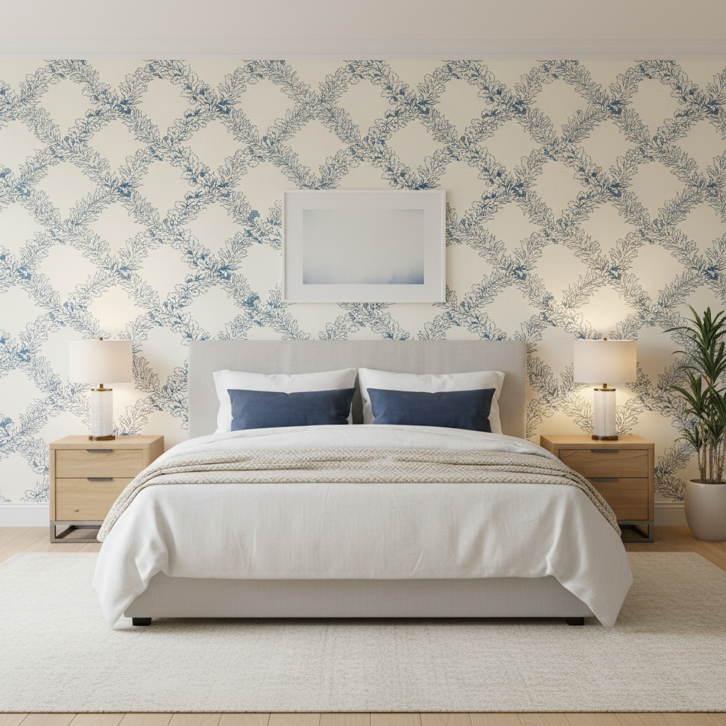 Leaf Trellis - Blue Blue By Lee Jofa | Paolo Moschino Fabrics |Botanical & Floral Lattice/Scrollwork Multipurpose Print - Bedroom Room Setting