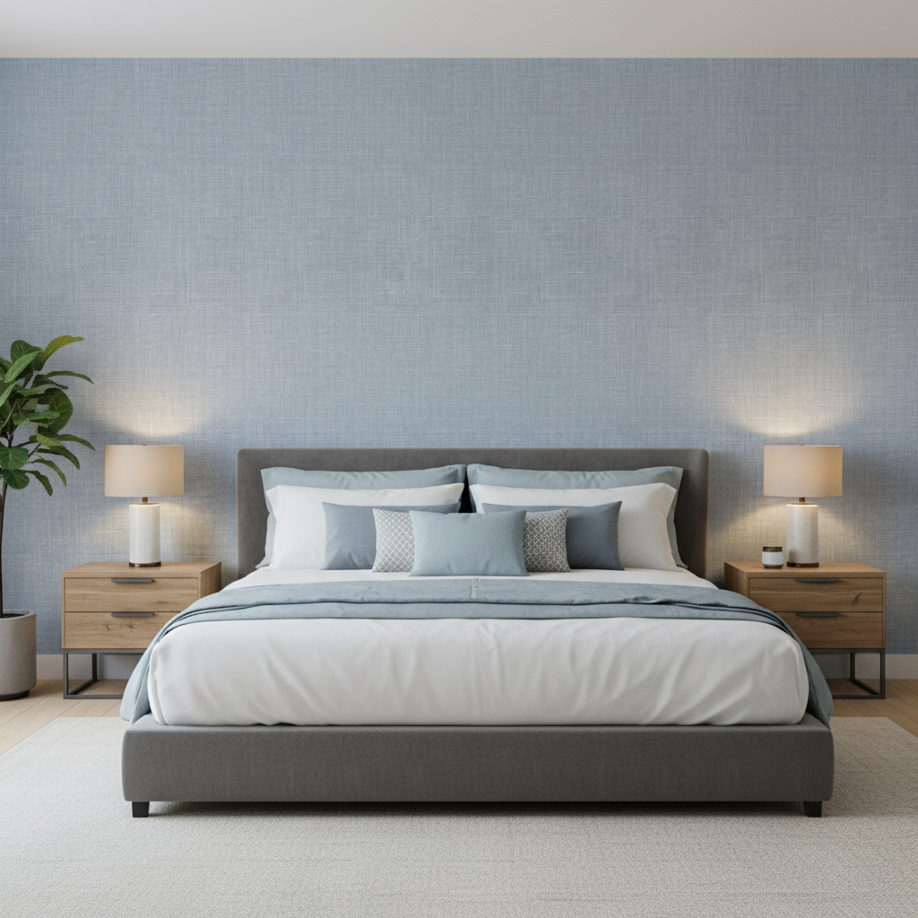 Leuven - Cielo Blue By Lee Jofa | Paolo Moschino Fabrics |Solid Texture Upholstery - Bedroom Room Setting
