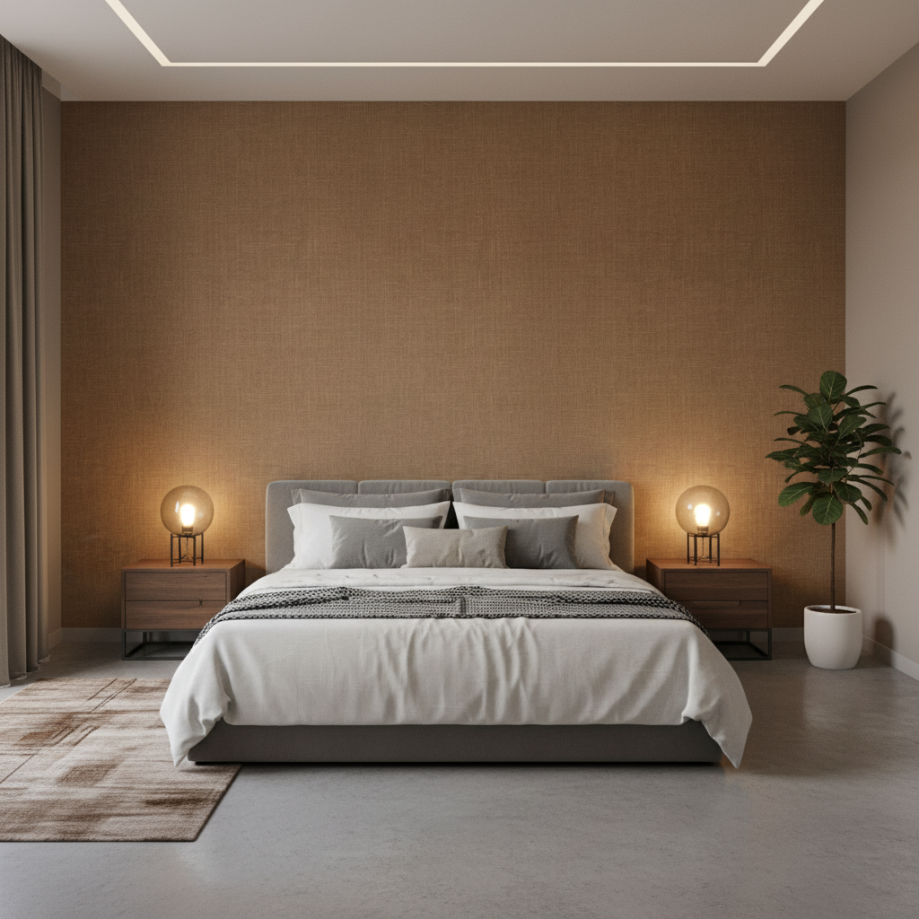Leuven - Ochre Camel By Lee Jofa | Paolo Moschino Fabrics |Solid Texture Upholstery - Bedroom Room Setting