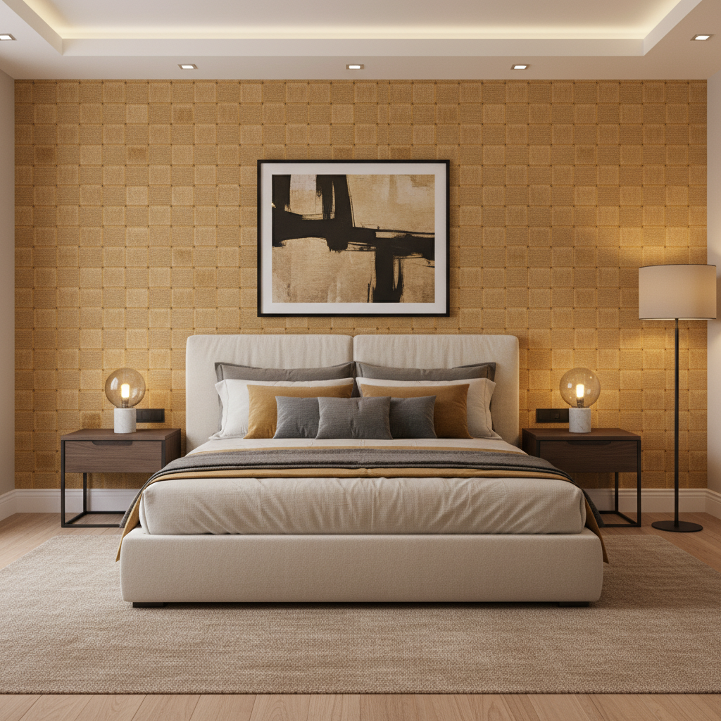 Levens Velvet - Gold Gold By Lee Jofa | Harlington Velvets |Modern Plaid / Check Upholstery Velvet - Bedroom Room Setting