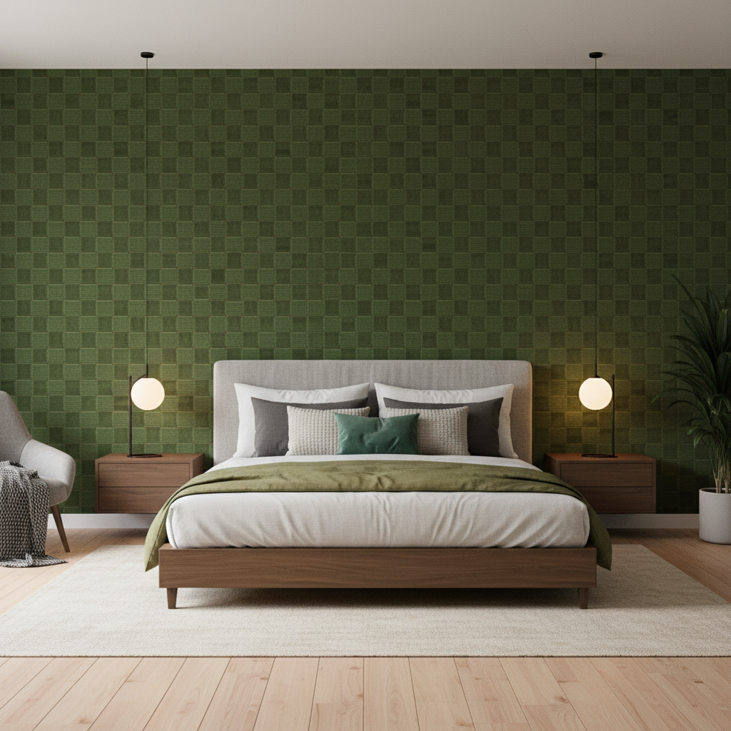 Levens Velvet - Leaf Green By Lee Jofa | Harlington Velvets |Modern Plaid / Check Upholstery Velvet - Bedroom Room Setting