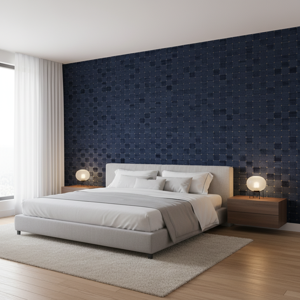 Levens Velvet - Navy Dark Blue By Lee Jofa | Harlington Velvets |Modern Plaid / Check Upholstery Velvet - Bedroom Room Setting