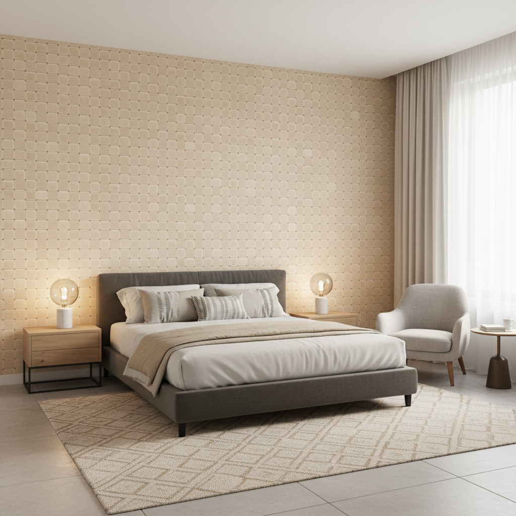 Levens Velvet - Parchment Beige By Lee Jofa | Harlington Velvets |Modern Plaid / Check Upholstery Velvet - Bedroom Room Setting