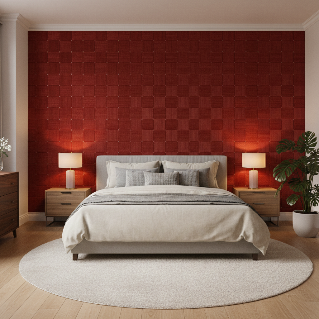 Levens Velvet - Ruby Red By Lee Jofa | Harlington Velvets |Modern Plaid / Check Upholstery Velvet - Bedroom Room Setting