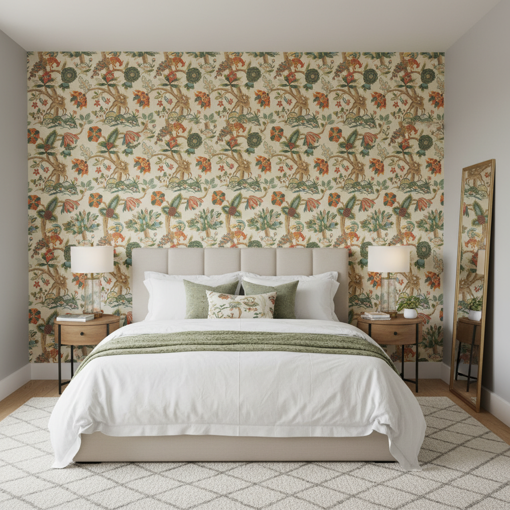 Leyland Print - Berry/Forest Multi By Lee Jofa | Lodge Ii Prints |Botanical & Floral Flora & Fauna Multipurpose Print - Bedroom Room Setting
