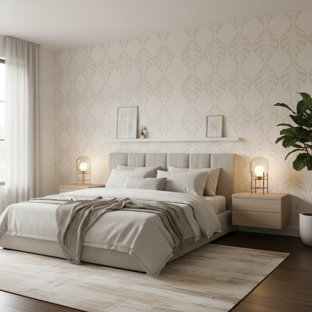 Lillie Embroidery - Ivory White By Lee Jofa | Summerland |Botanical & Floral Lattice/Scrollwork Drapery Embroidery - Bedroom Room Setting