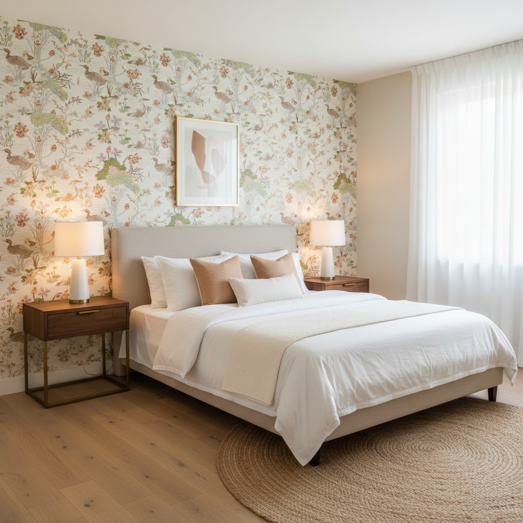 Luzon Print - Apricot Multi By Lee Jofa | Mindoro |Botanical & Floral Animal/Insects Multipurpose Print - Bedroom Room Setting