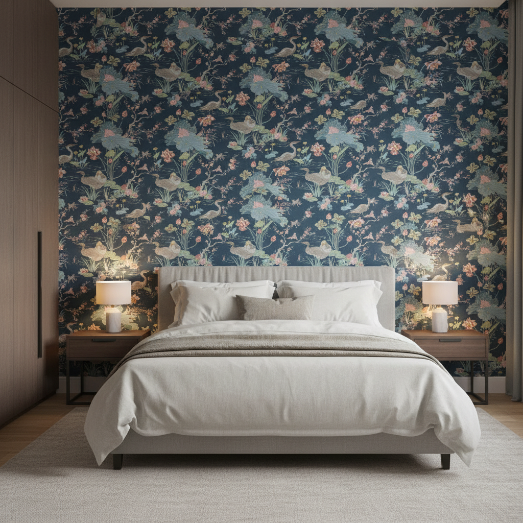 Luzon Print - Sapphire Multi By Lee Jofa | Mindoro |Botanical & Floral Animal/Insects Multipurpose Print - Bedroom Room Setting
