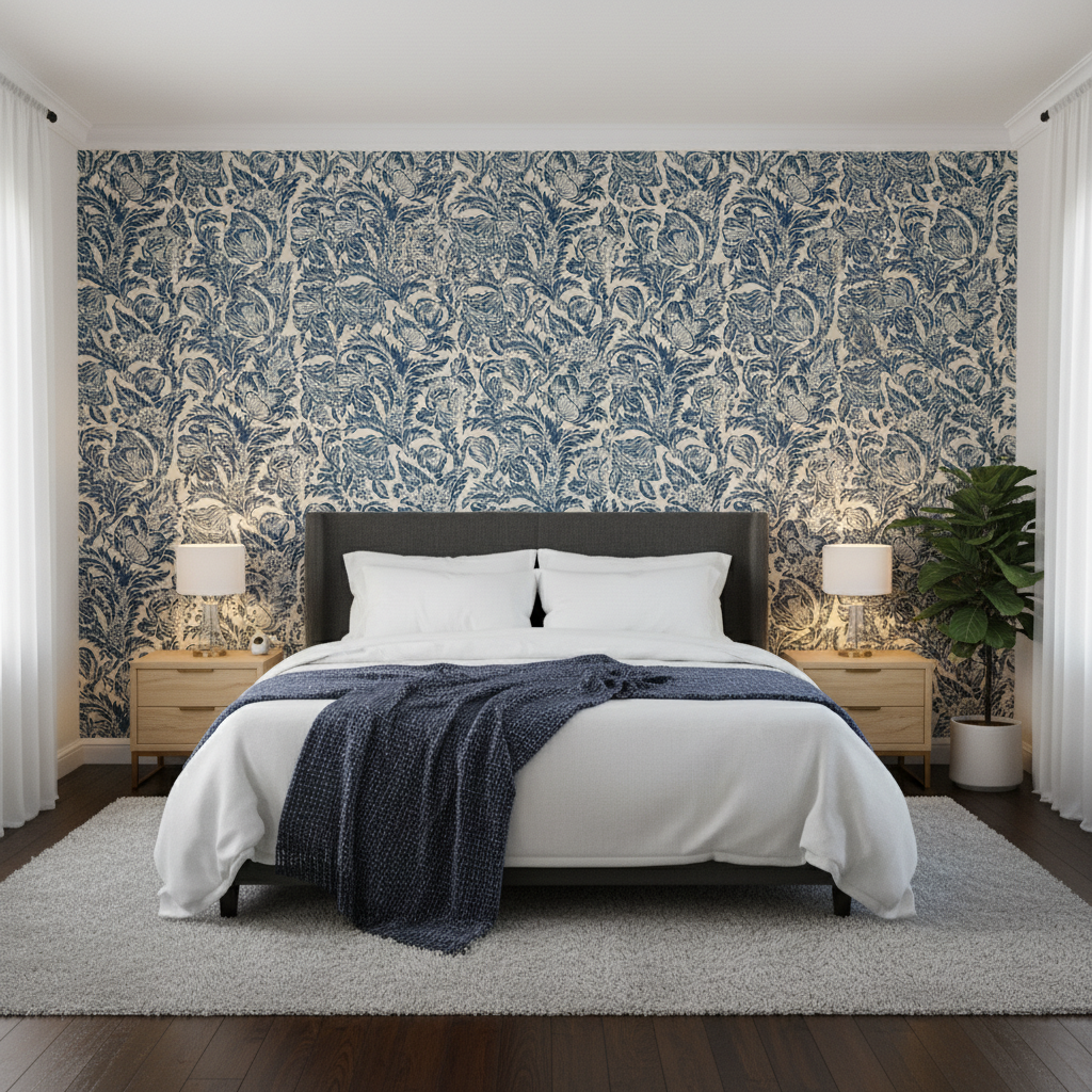 Marion Print - Indigo Blue By Lee Jofa | Breckenridge |Botanical & Floral  Multipurpose Print - Bedroom Room Setting