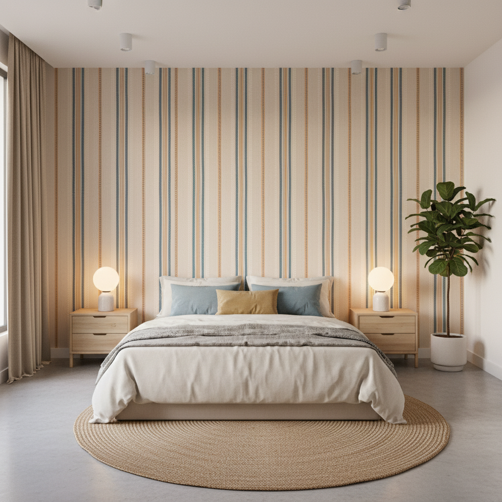 Nautique Emb - Denim/Gold Blue By Lee Jofa | Oscar De La Renta Iv |Global Stripes Multipurpose Embroidery - Bedroom Room Setting