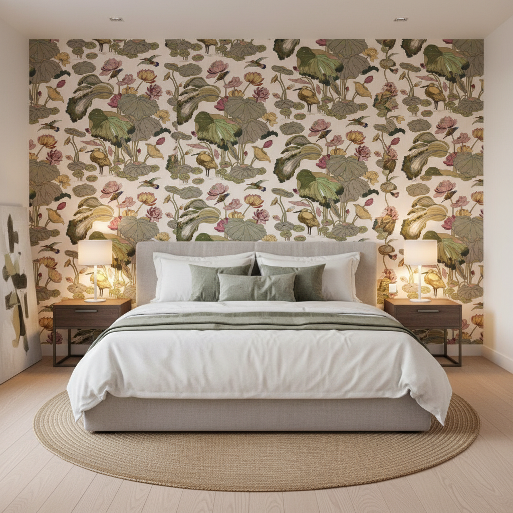 Nympheus Print - Cream  By Lee Jofa | Perennia |  Multipurpose Print - Bedroom Room Setting