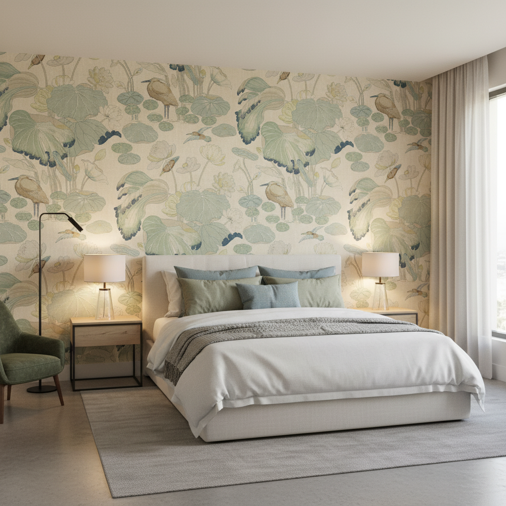 Nympheus Twill - Frost/Sea Light Green By Lee Jofa |  |Botanical & Floral Flora & Fauna Multipurpose Print - Bedroom Room Setting