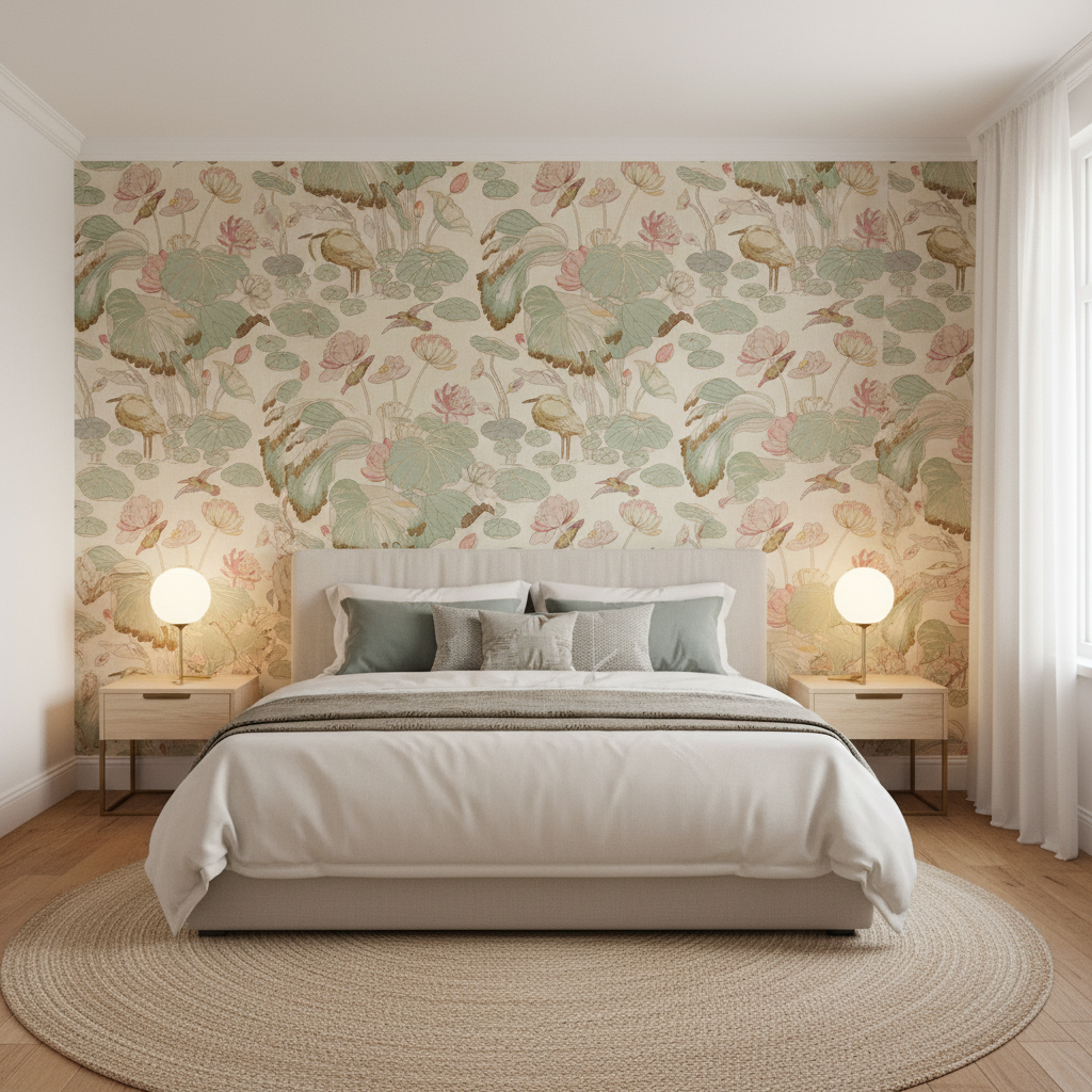 Nympheus Twill - Shell/Jade Multi By Lee Jofa |  |Botanical & Floral Flora & Fauna Multipurpose Print - Bedroom Room Setting