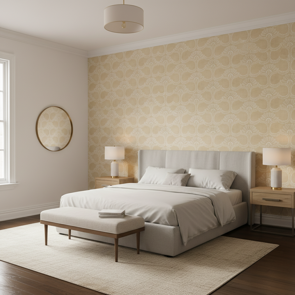 Odessa - Mastic Wheat By Lee Jofa | Paolo Moschino Fabrics |Botanical & Floral Lattice/Scrollwork Multipurpose Print - Bedroom Room Setting