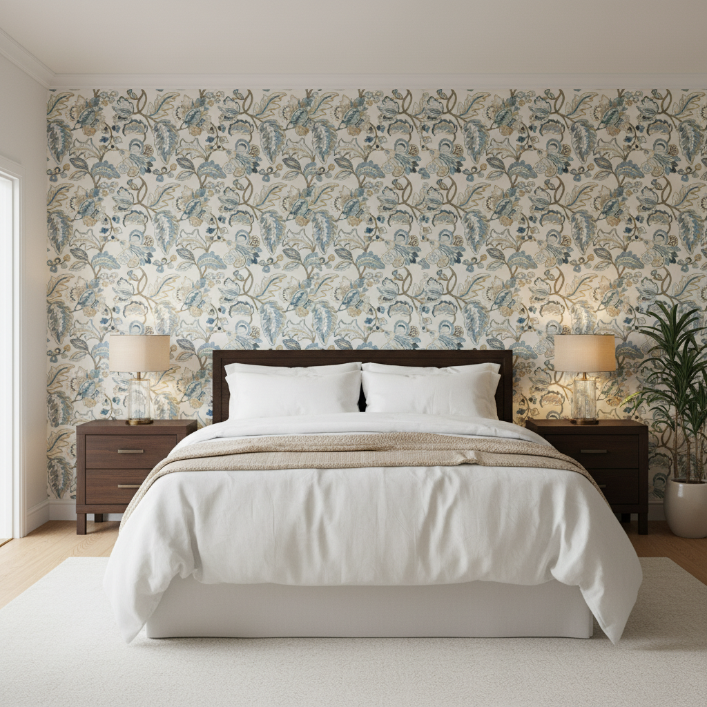 Orford Embroidery - Blue/Gold Multi By Lee Jofa | Manor House |Botanical & Floral Jacobeans Multipurpose Embroidery - Bedroom Room Setting