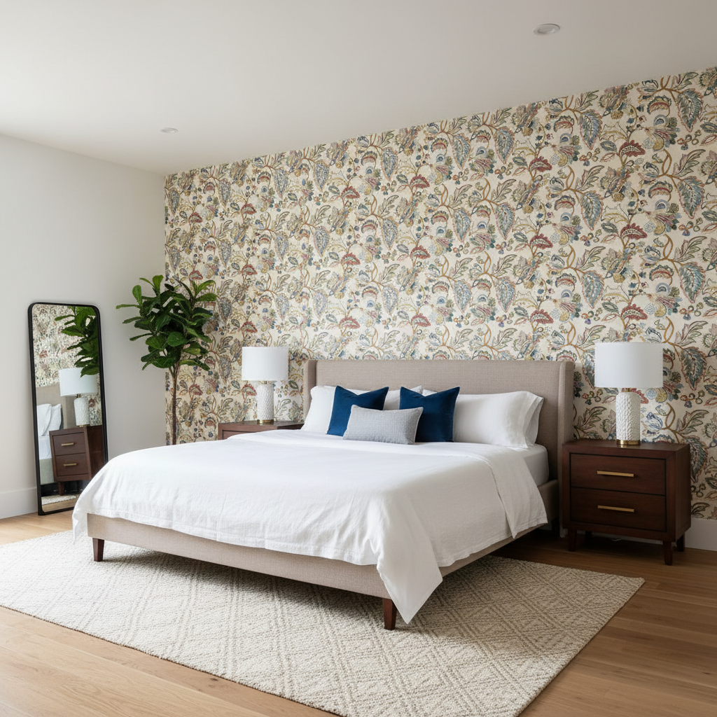 Orford Embroidery - Red/Blue Multi By Lee Jofa | Manor House |Botanical & Floral Jacobeans Multipurpose Embroidery - Bedroom Room Setting