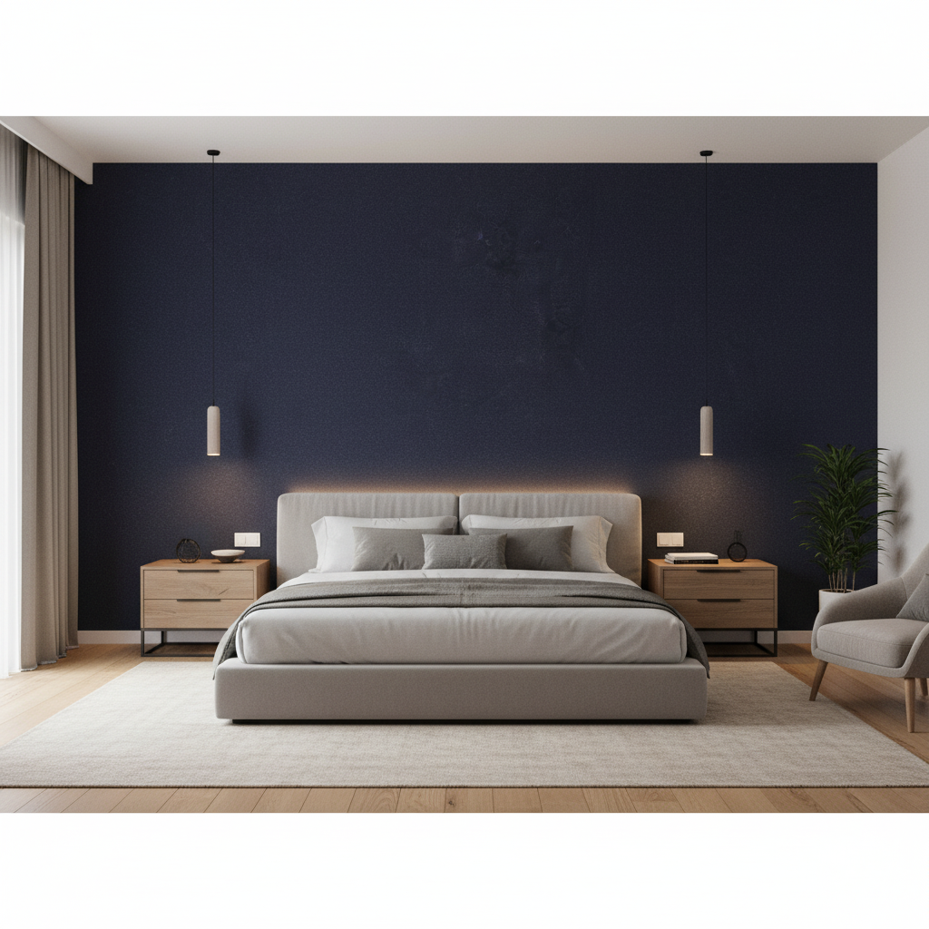 Oxford Velvet - Azure Dark Blue By Lee Jofa |  |Solid Texture Upholstery Velvet - Bedroom Room Setting