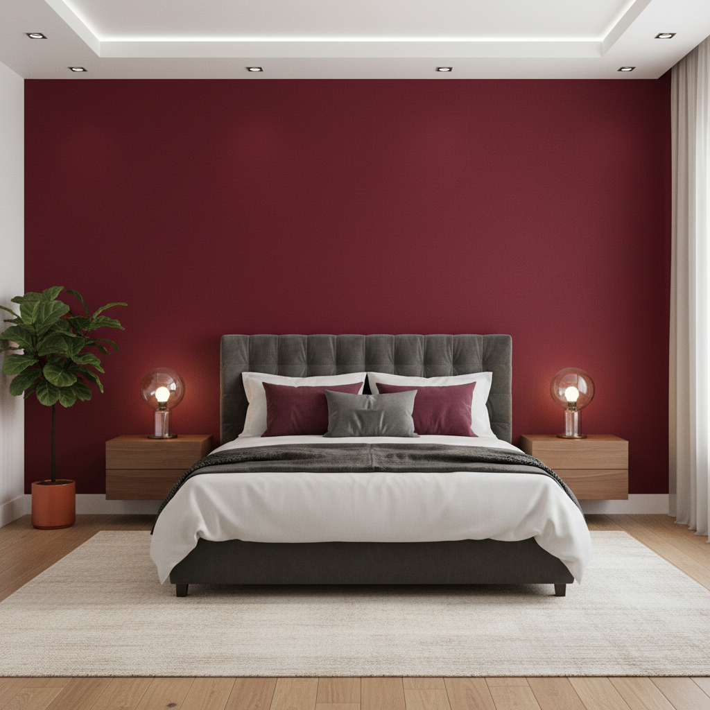 Oxford Velvet - Cherry Red By Lee Jofa |  |Solid Texture Upholstery Velvet - Bedroom Room Setting