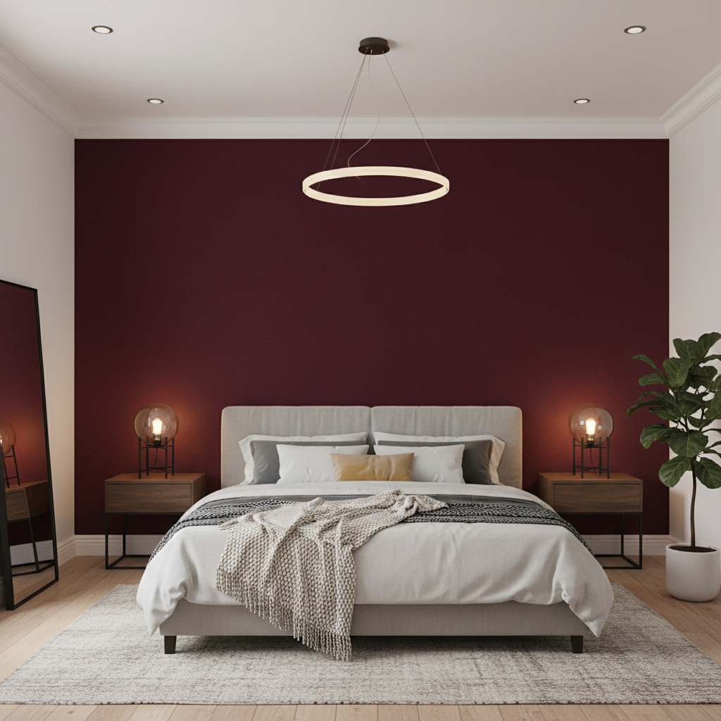 Oxford Velvet - Cranberry Burgundy/Red By Lee Jofa |  |Solid Texture Upholstery Velvet - Bedroom Room Setting
