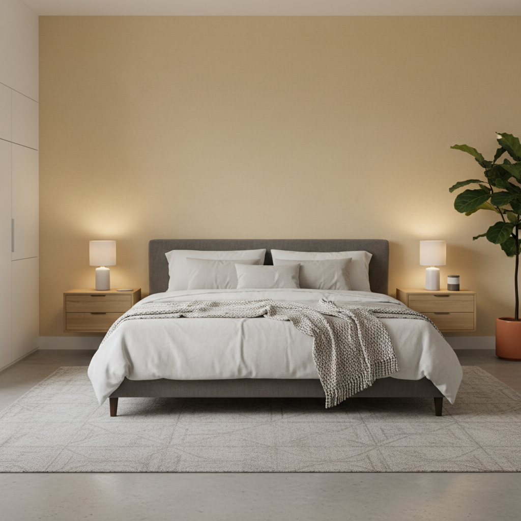 Oxford Velvet - Cream Beige By Lee Jofa |  |Solid Texture Upholstery Velvet - Bedroom Room Setting